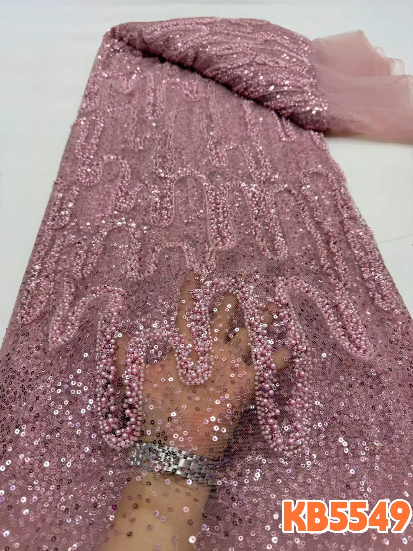

YALISI Burgundy Nigerian Sequin Beaded Lace Fabric Rose Pink Beads Tulle Lace for African Wedding Party Dress Bridal Lace KB5549