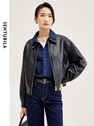 Sentubila schwarz pu leder kurze jacken frauen 2023 reiß verschluss revers kunstleder bomber jacke herbst winter oberbekleidung w33g50291