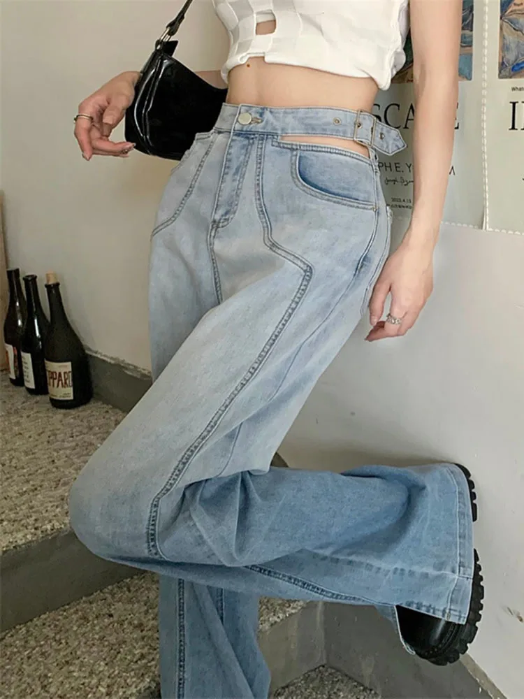 

Elegant High Waist Jeans Women Basic Hollow Vintage Denim Trousers Office Lady Straight Wide Leg Pants Korea Fashion 2023 Summer