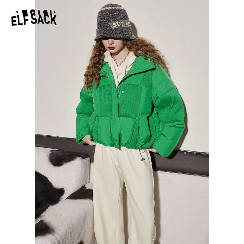 ELFSACK Green Spliced Warm Down Coats Women 2023 Winter Loose Short Casual Outwears