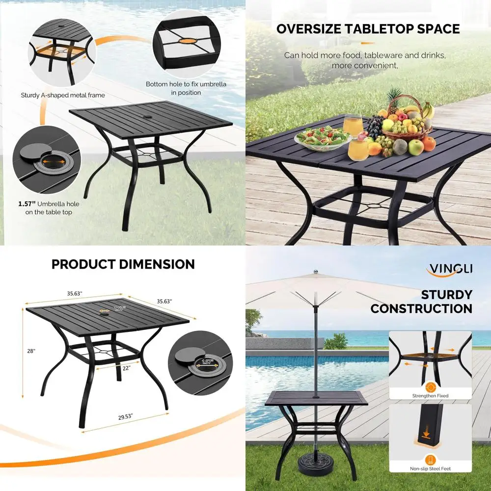 

Квадратный металлический уличный обеденный стол на 36 персон с отверстием для зонта для патио, газона, сада - всепогодная черная стальная конструкция