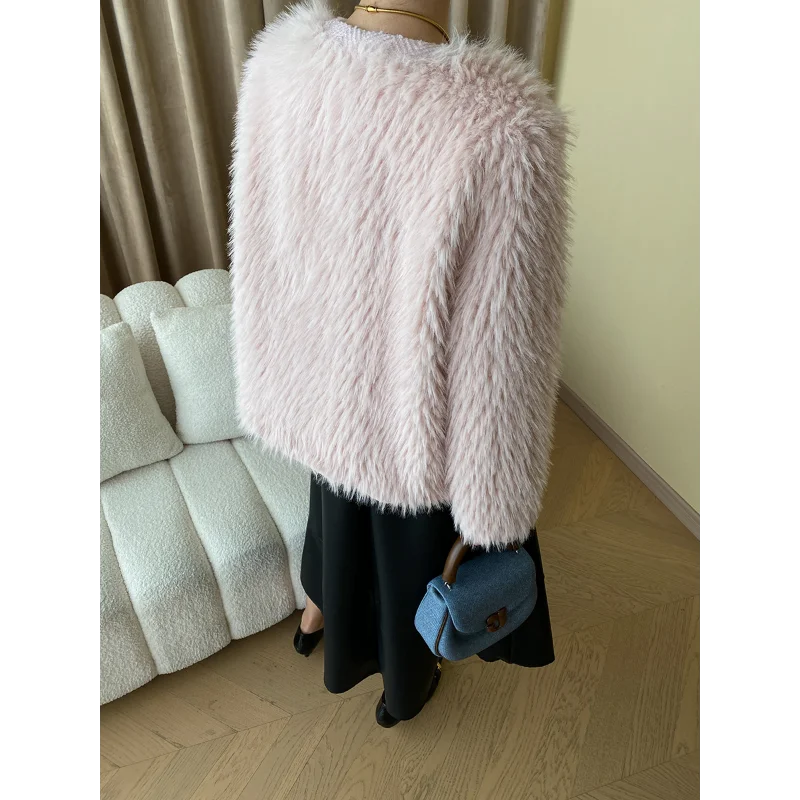 Luxury Fashion Fake Fur Women Coat Small Fragrant Tweed Stitching Fur Round Neck White Pink Black Female Coat Autumn Winter 1677