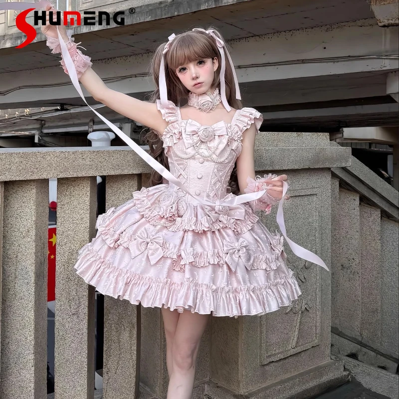 

Princess Style Tea Party Pink Dress Summer New Woman's Sweet Cute Bow Elegant Birthday Party Dress Japanese Lolita Style Dress