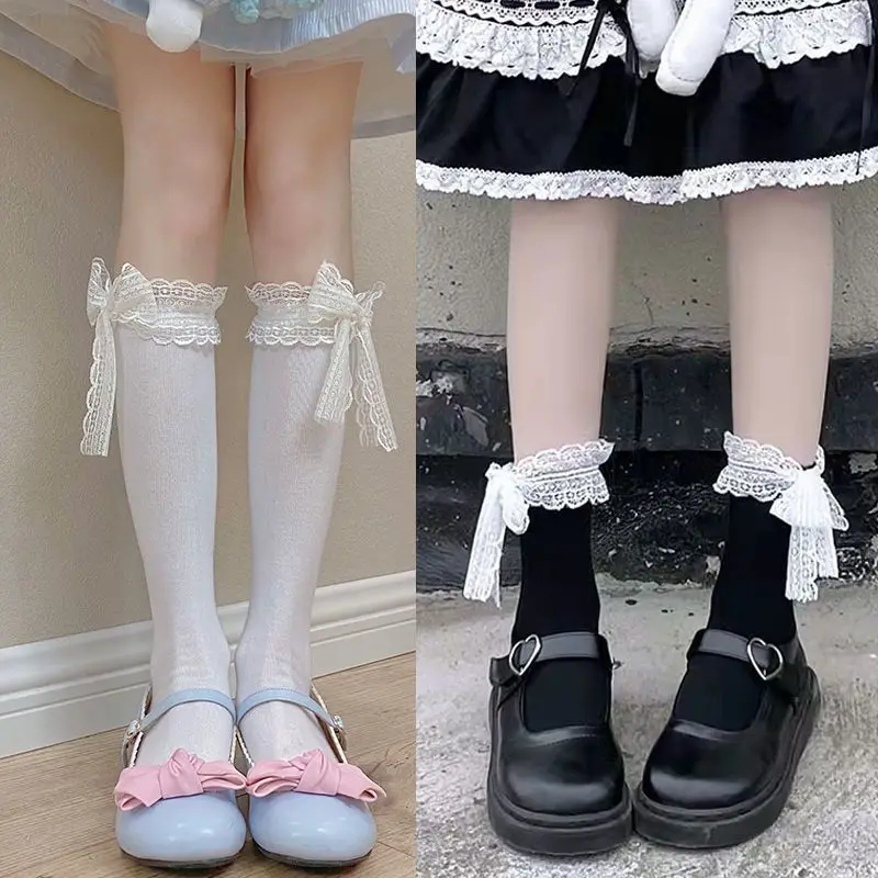 1/2 Pairs Women's Summer Spring Cotton Japanese Lolita White Lace Sock LOLita Bow Breathable Jk Black Stockings Sweet Style Girl