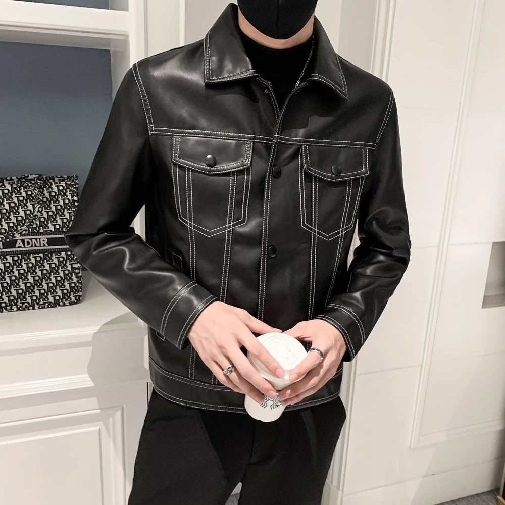 

Mens Leather Jacket Stylish Pockets Motorcycle Leather Jackets Coat Plus Size Korean Designer