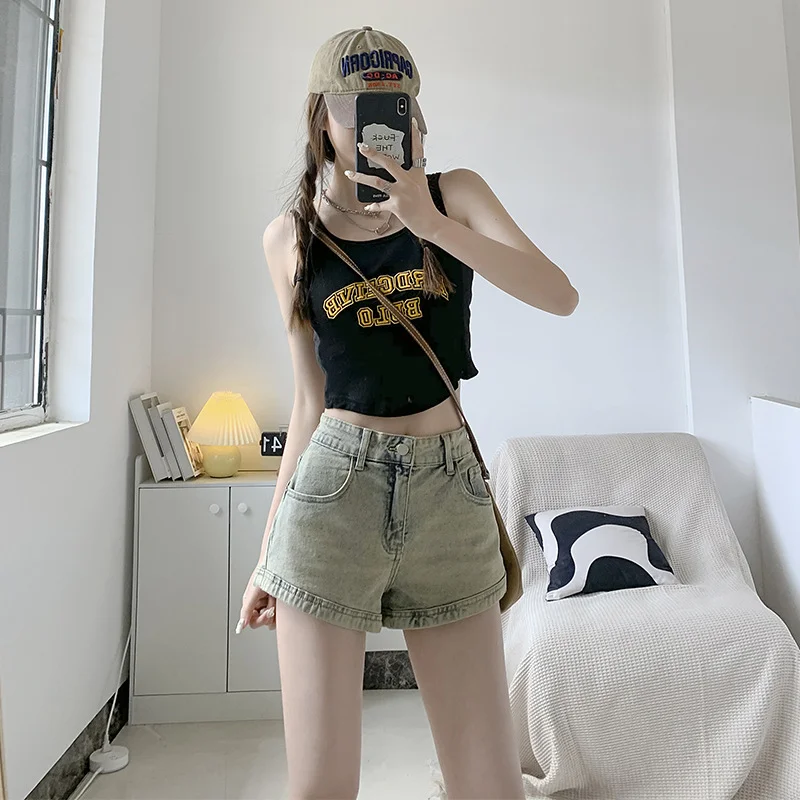 

Women's Low Rise Elastic Tight Curled Denim Shorts Summer New Hot Girl Street Casual Hip Wrap Sexy Vintage Mini Shorts Female