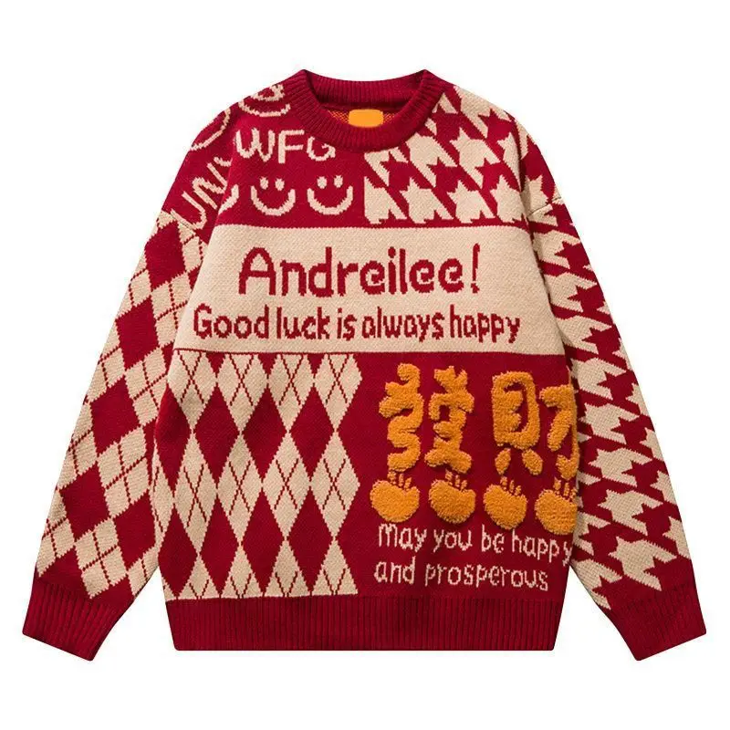 Fashion American Hip Hop Creative Flocking Couple Good Luck Sweater Women Autumn Winter Lazy Style Red Knit Pullover