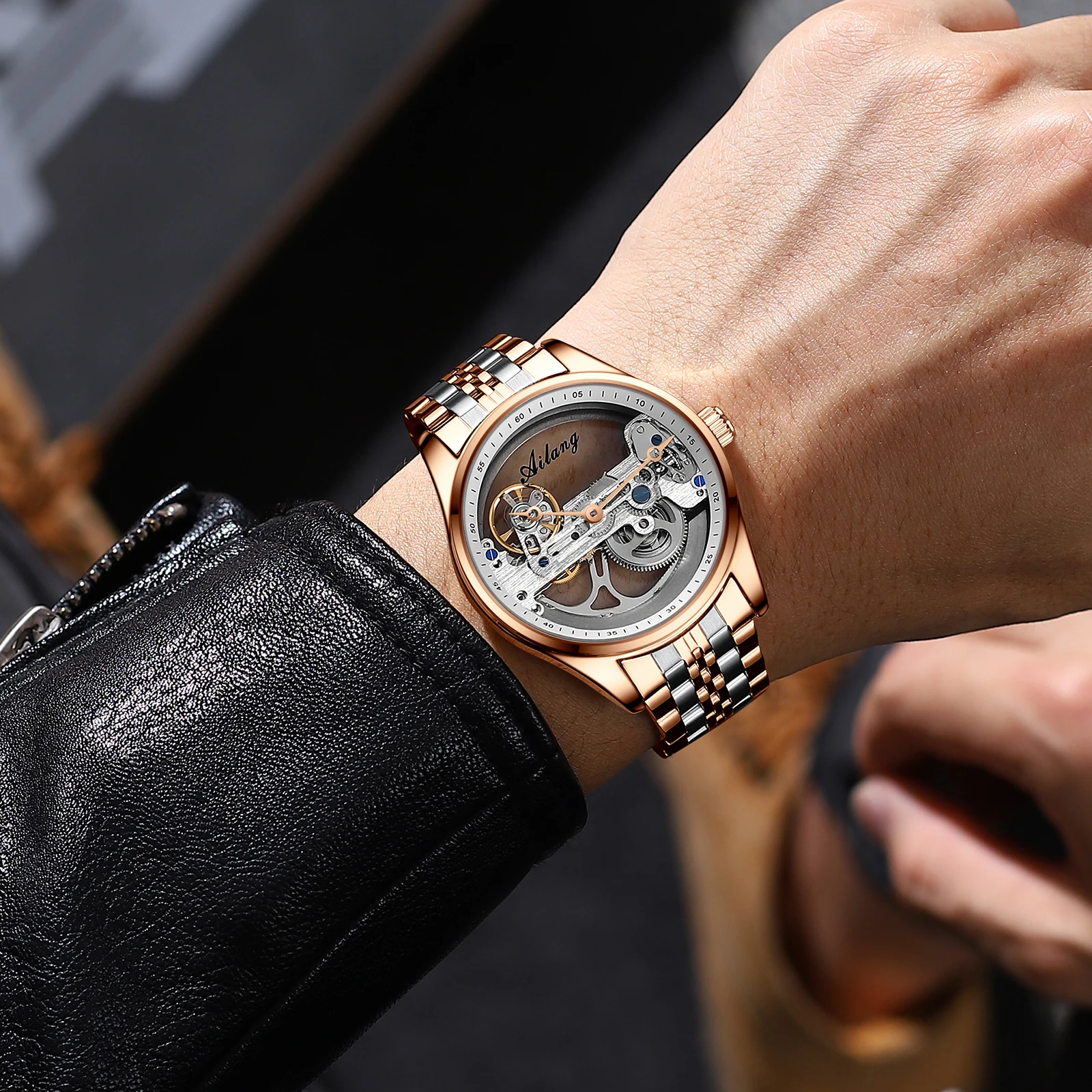 AILANG Brand New Luxury Fashion Steampunk Hollow Men's Sports Stainless Steel Waterproof Skull Tourbillon Mechanical Watch