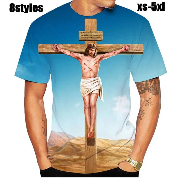 Summer Hot Sale Christ Jesus 3D Printed T Shirt God Vintage Religion Cross Short-sleeved Round Neck Men\'s Tops