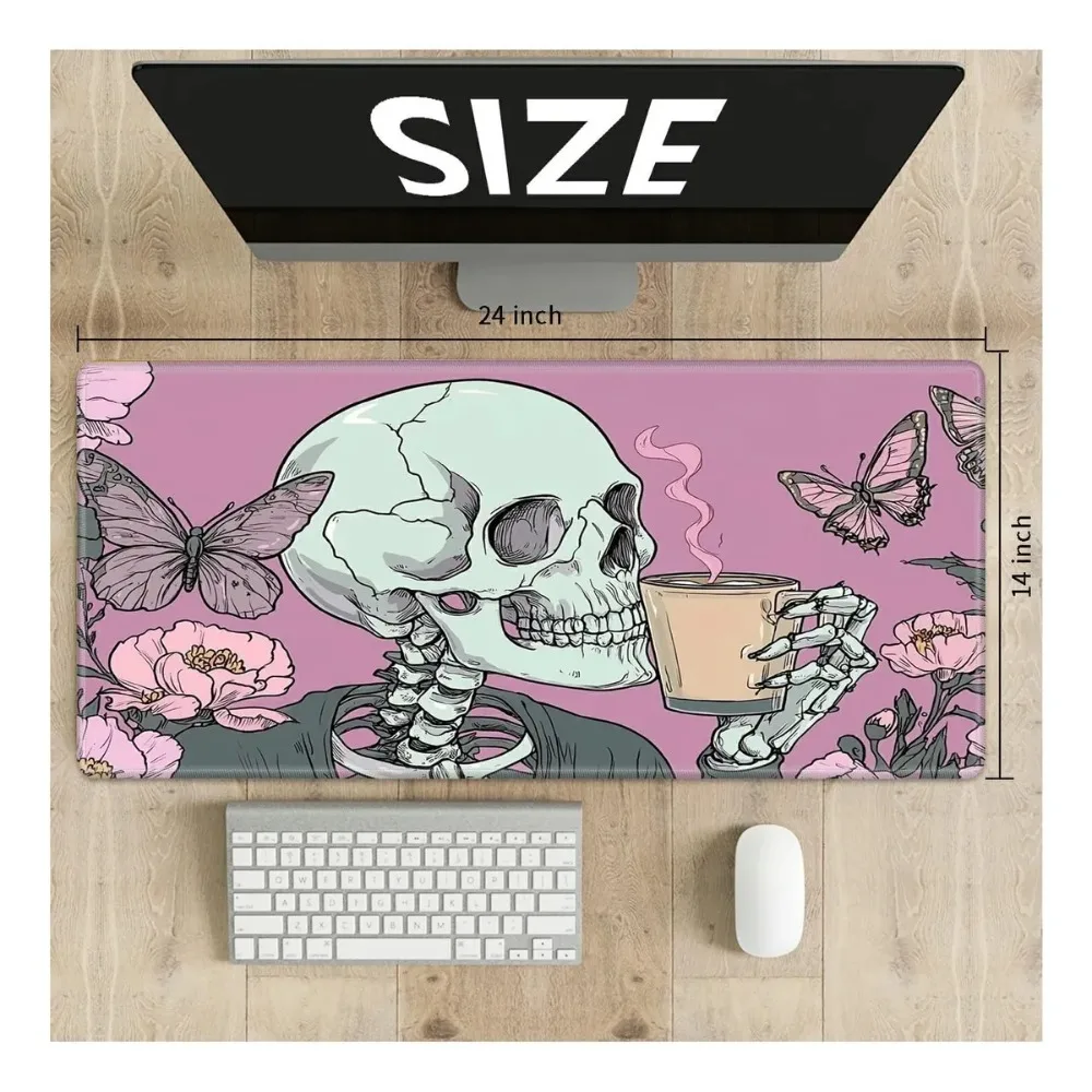 Skeleton Drinking Coffee TCG Playmat Pink Floral Butterfly Girly Goth Aesthetic Pastel Skull Art Non‑Slip Desk Mat for Card