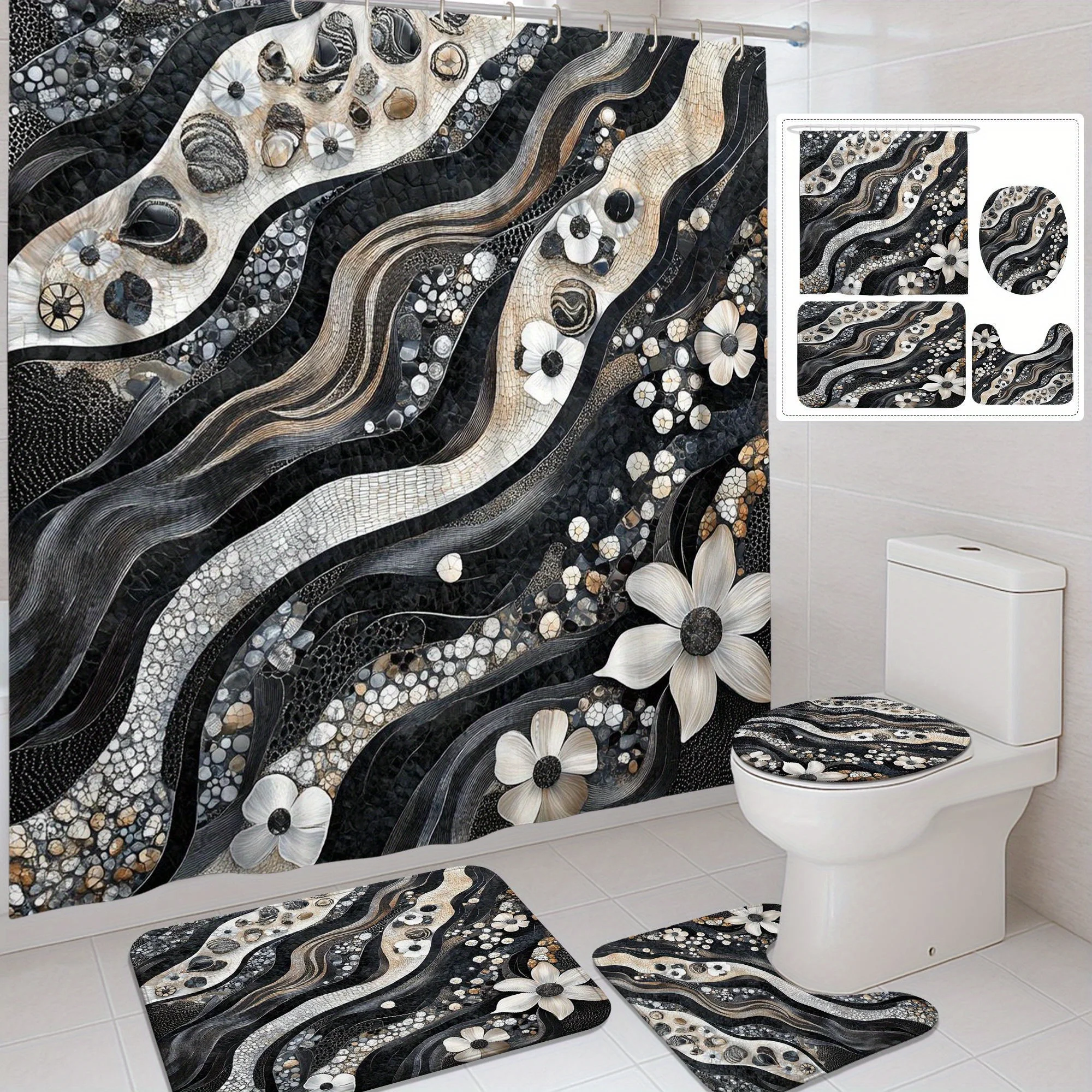 

4 шт., комплект занавесок для душа с цветочным принтом, элегантный черный, белый мрамор, декор для ванной комнаты, современный дизайн, занавеска для душа, которую можно стирать в машине, нескользящая