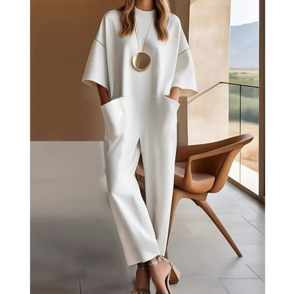 

Five-quarter Sleeve Pocket Solid Color Long Jumpsuit Spring Summer New Women's Casual Round Neck Trousers Комбинезон Женский
