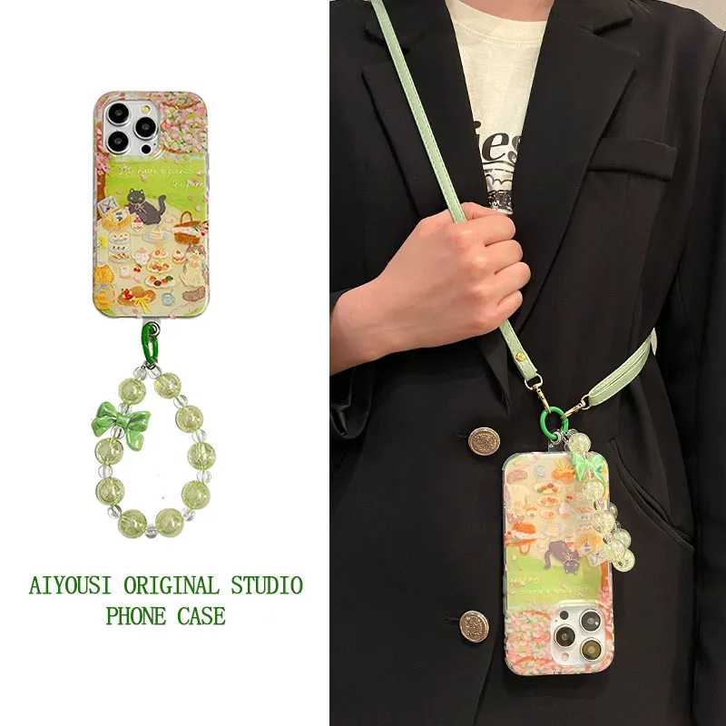 

Spring Picnic Cute Cat Tote Chain for Apple 15promax Phone Case iphone13 14promax Silicone 11 Crossbody Rope Drop Protection
