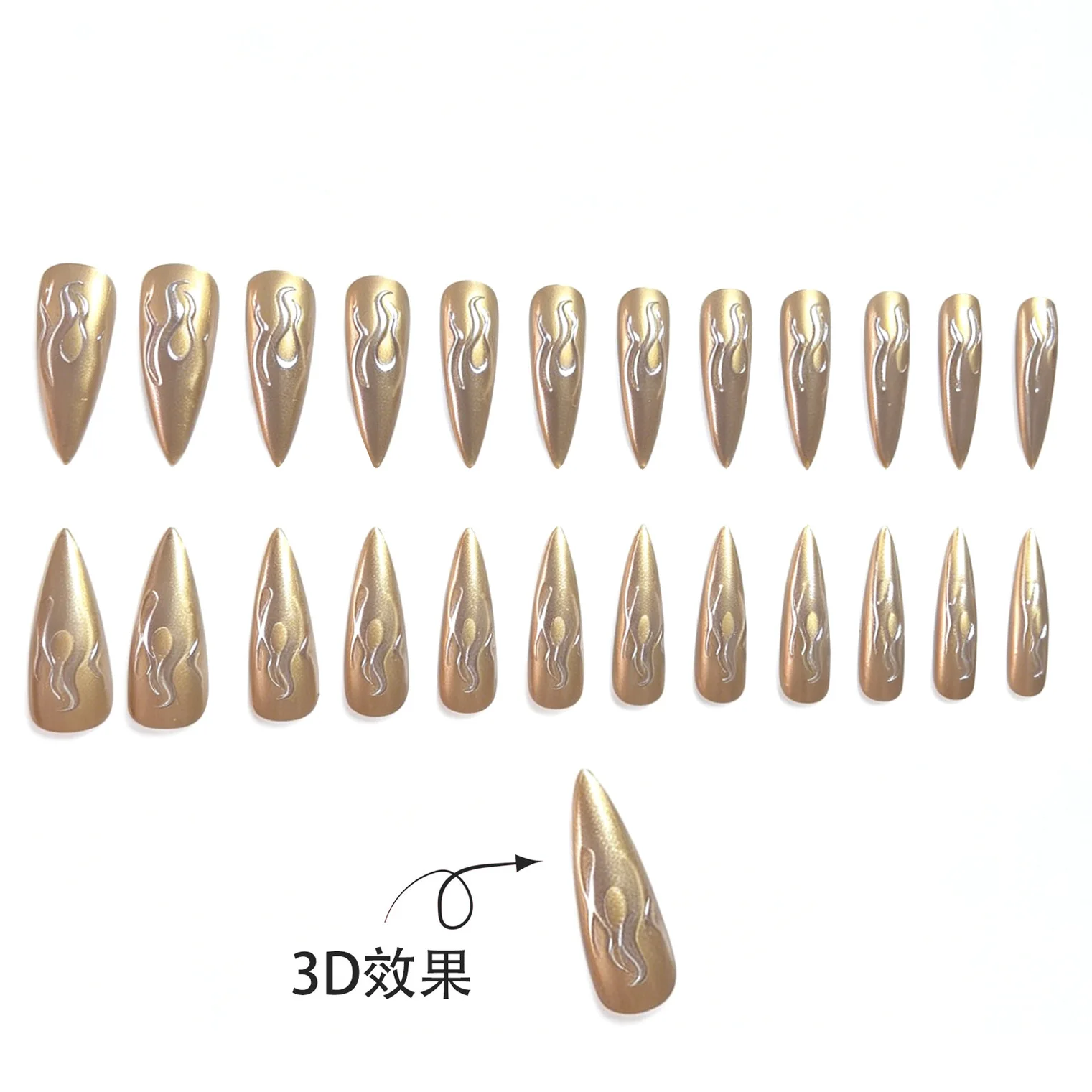 24PCS 3D Chrome Silver Gold Flame Stiletto Press On Nails Metallic Mirror Effect Reusable Fake Nail Art Punk Style False Nails - view 3