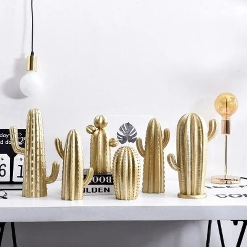 Creative Nordic Style Gold and White Cactus Ornaments Home Decoration Resin Cactus Dolls Handmade Simulation Plant Craft Gifts