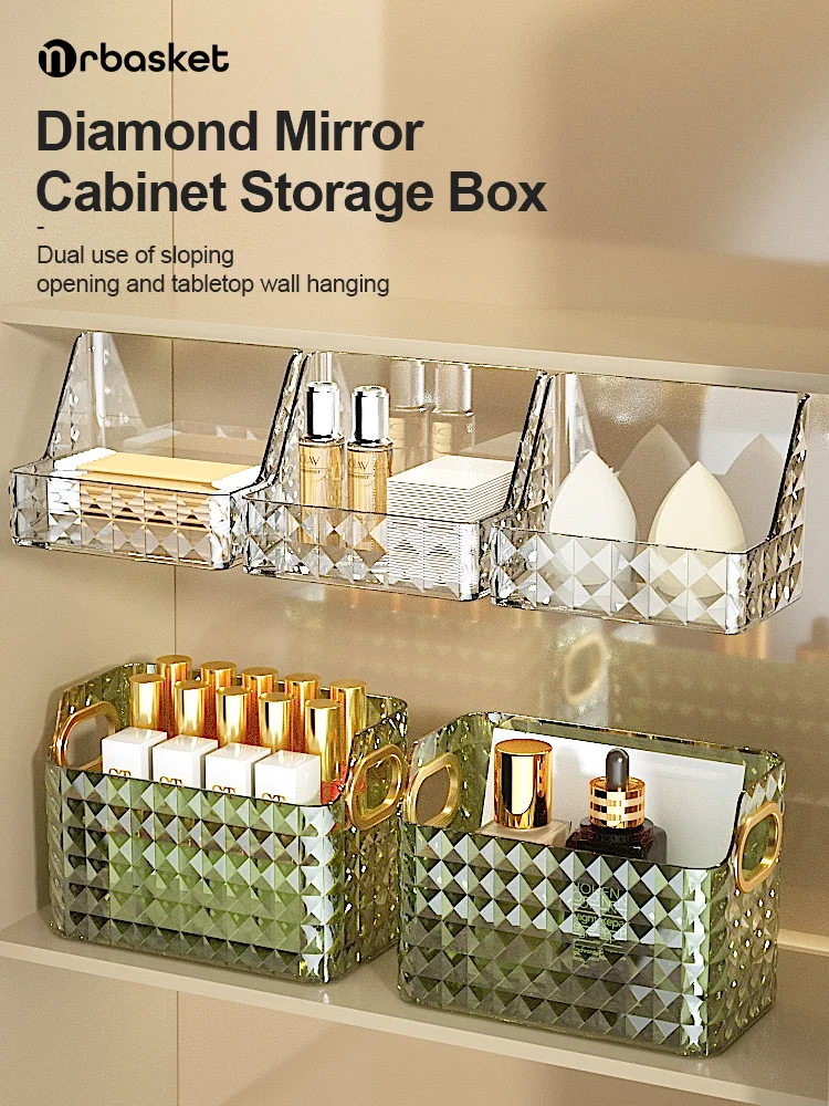 mr basket Mirror Cabinet Storage Box Wall Mounted Bathroom Washbasin Cosmetic Storage Rack Diagonal Mouth Sorting Box