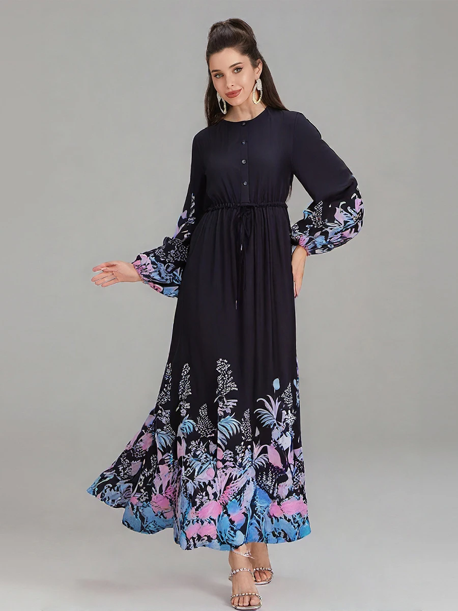 Dames Boheemse lange jurk Bloemenpatroon Button-up Ronde hals Lange mouwen Flowy losse jurken