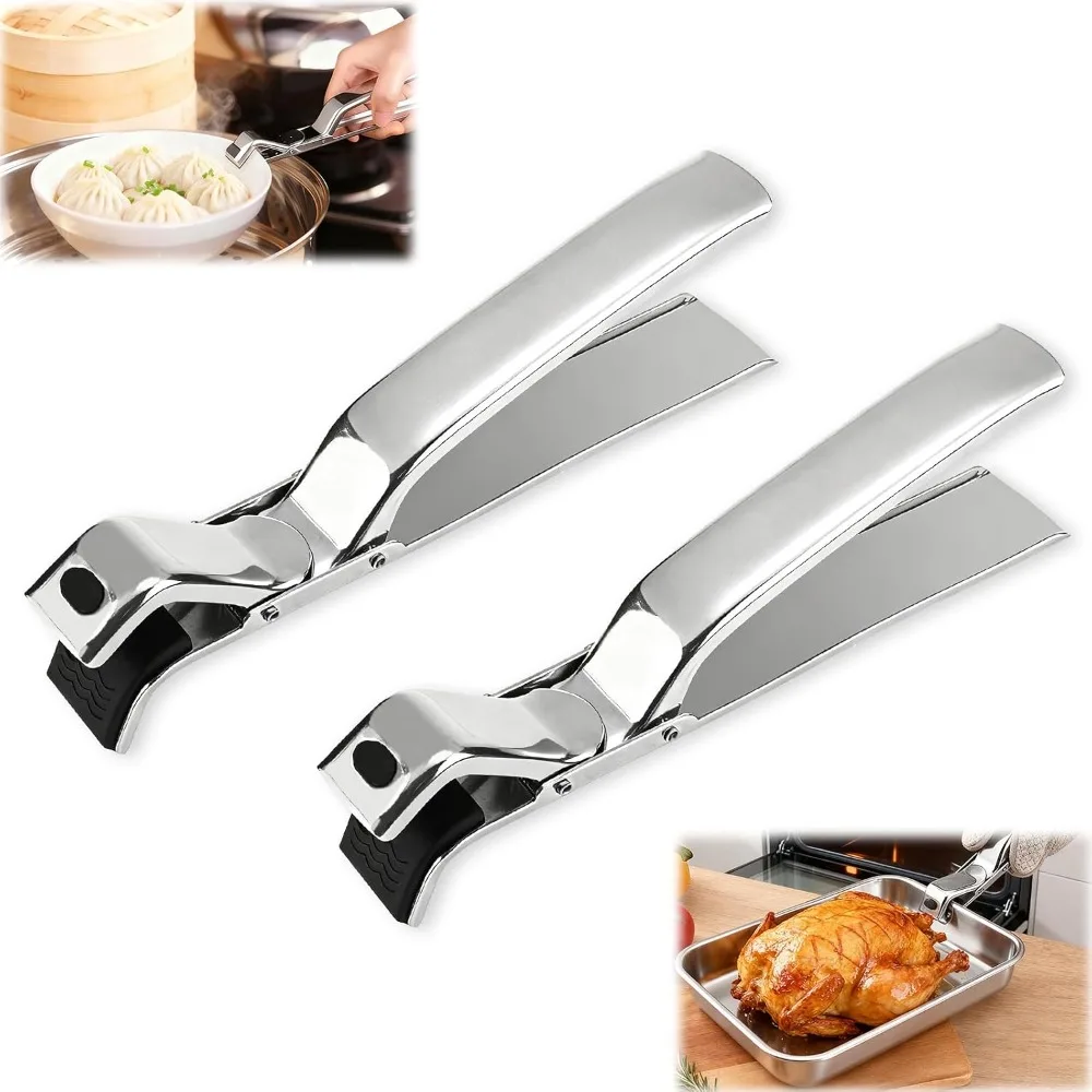 Hot Plate Gripper Tongs Set of 2 Stainless Steel Anti Scald Bowl Holder Clip Kitchen Tongs Multi Purpose Pan Clip Bowl Lifter Tool for Microwave Oven Air Fryer Steamer Pots Cooking Serving Pasta Salad Safe Non Slip Heat
