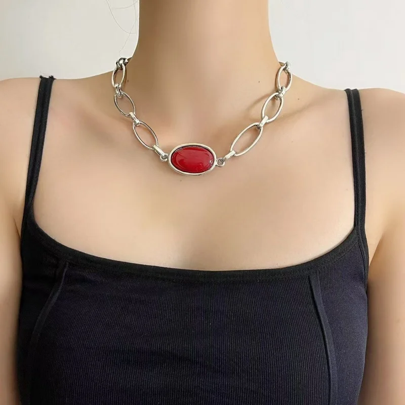 

French Minimalist Style Metal Necklace for Women Oval Chain Necklace with Multicolor Natural Stone Pendants Fashion Jewelry Uniq