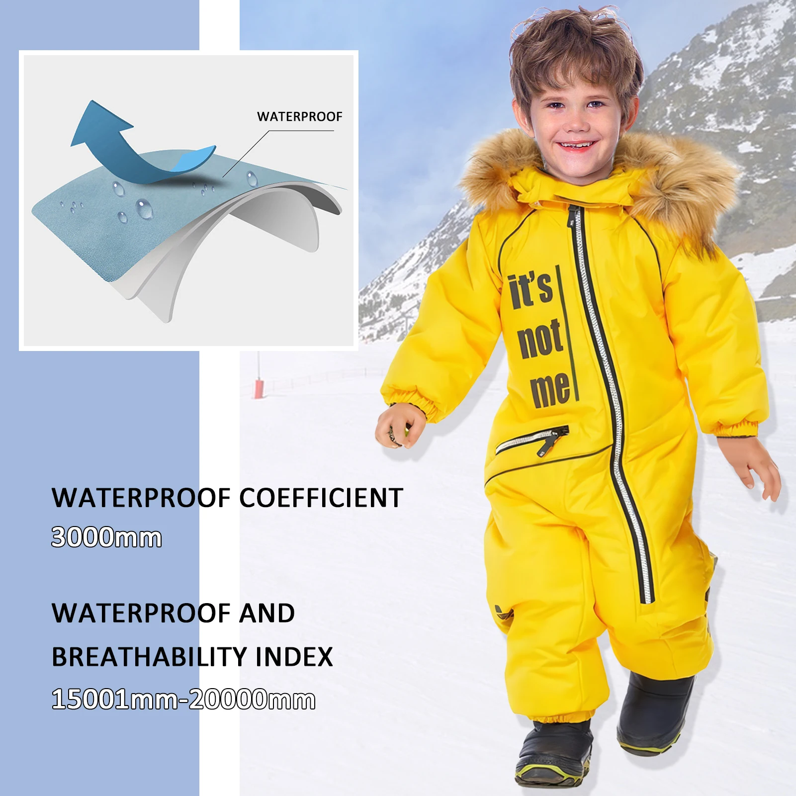 Fashion Ski Suits One-piece Boys Snowsuit Fur Hood Girls Jumpsuit Waterproof Windproof Children's Winter Warm Snowboarding Wear