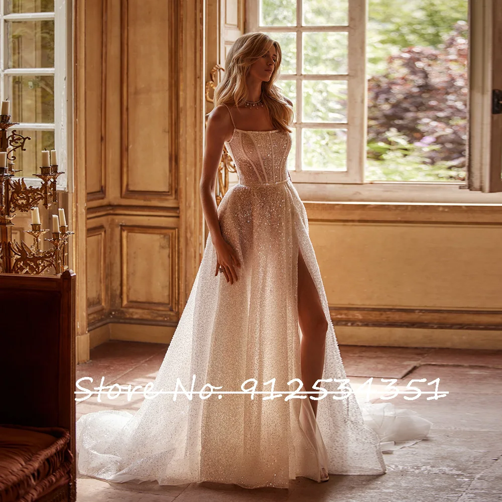 New Arrival Glitter Slit Skirt Wedding Dress Off the Shoulder Gorgeous Vestidos De Novia Boat Neck Elegant Robe Mariage