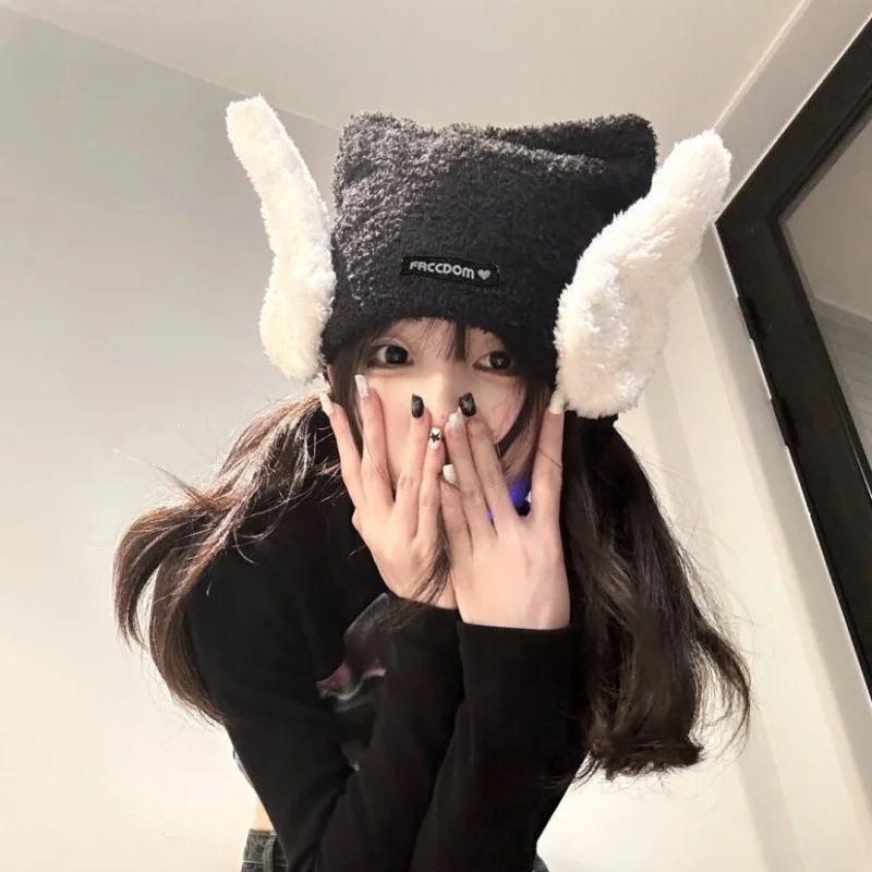 Angel Wings Cute Plush Hat Women New Autumn and Winter Warm Fur Ear Pullover Cap Skull Star Moon Funny Couple Hats