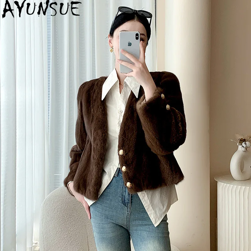 AYUNSUE Naturalna Kurtka z Futra Norki Damska Dekolt V Prawdziwe Futro Kurtki Damskie Odzież Wysokiej Jakości Cała Norka 2025 Zima Abrigo Mujer