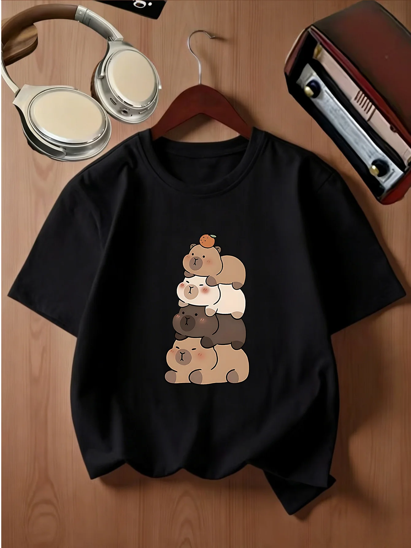 Stacked Cute Capybara Cartoon Animal Graphic Kids T Shirt Boys Girls Family Matching Parent Child Summer Crew Neck Casual Tee