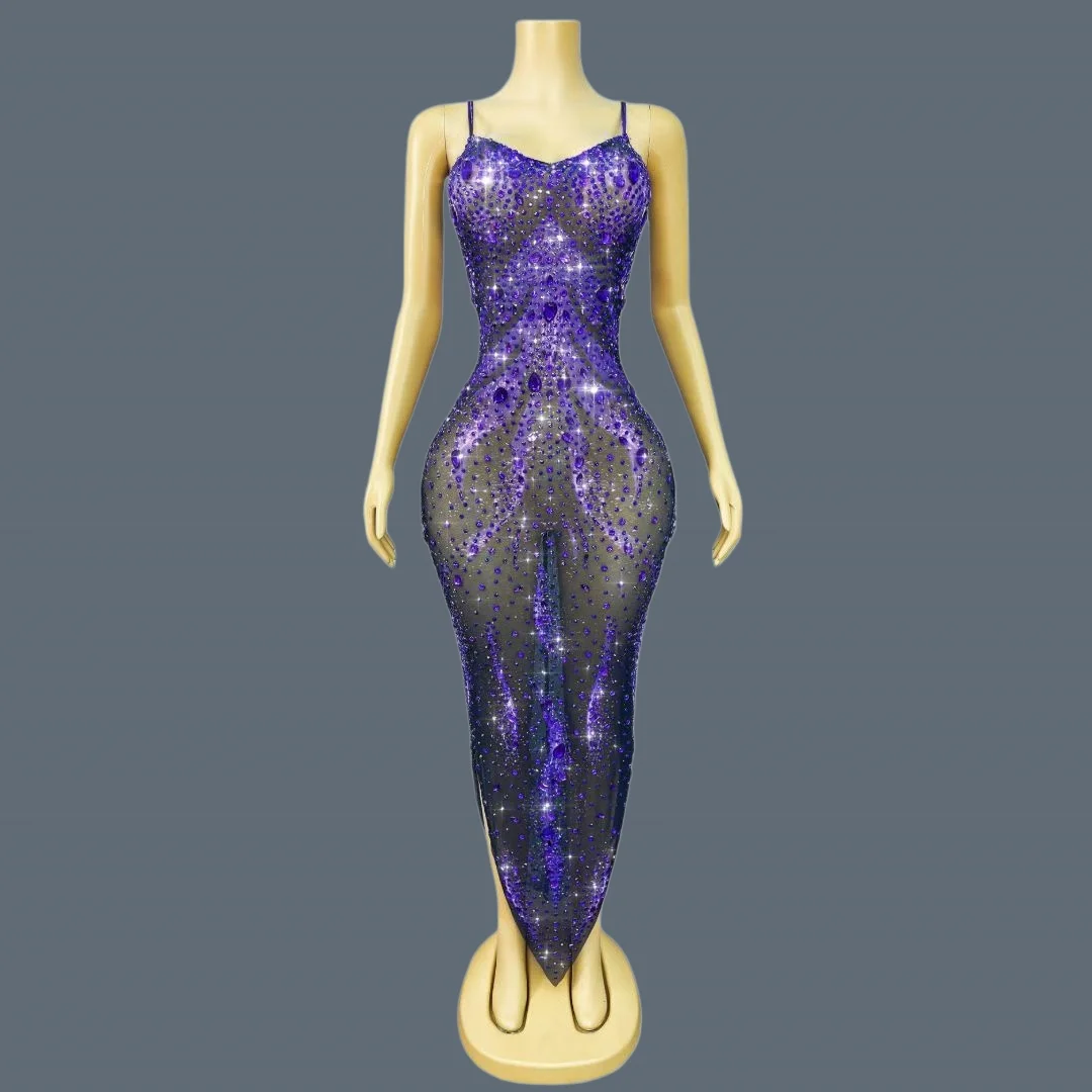 

Sparkly Purple Rhinestone Black See Through Mesh Evening Gown Luxury Women Party Prom Sexy Slip Tight Fitting Long Dress Yexiao