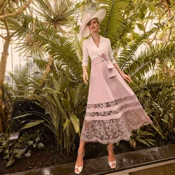 Latest Pink Mother of the Bride Dresses Contrast Color Mother Gowns Lace Mid Calf Length Wedding Party Dress Customized On Sale