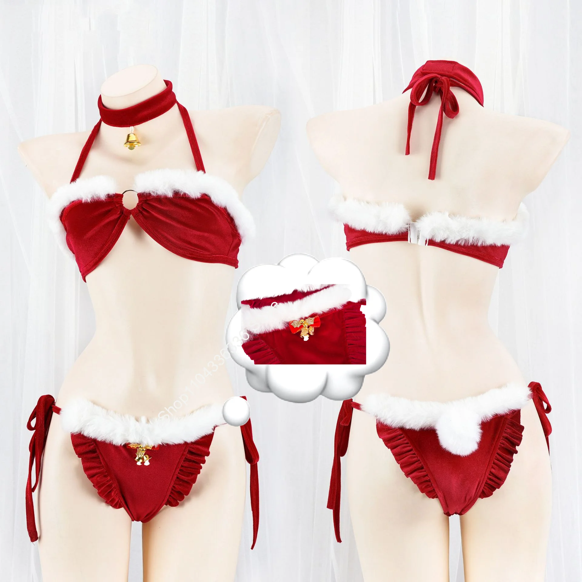 

Adult Sexy Red Santa Costume Christmas Lingerie Cute Holloween Bikini Bowknot Underwear PajamasLingerie Cosplay Bra Set Woman