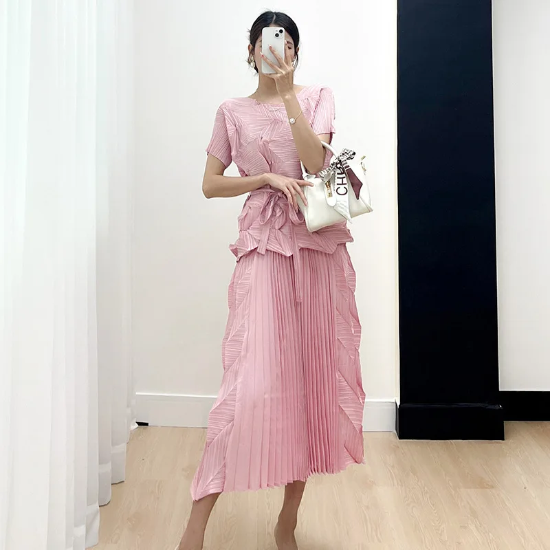 Miyake Pleated 2024 Summer Small Japanese Dress Round Neck Irregular Handmade Diamond Versatile High End Two Piece Set