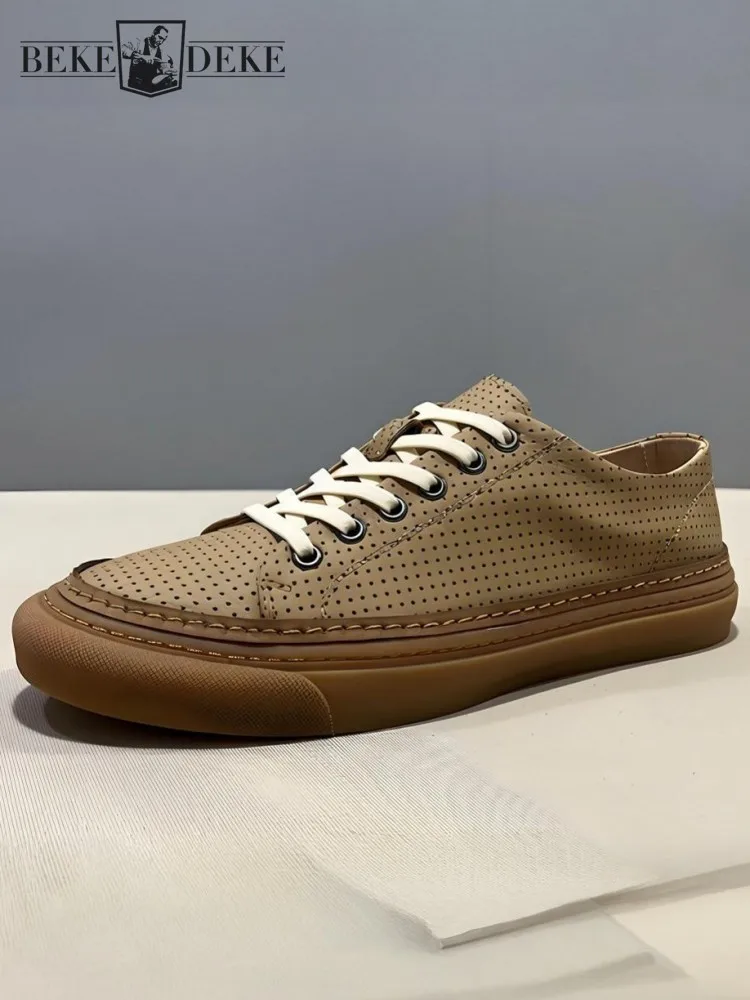 

Мужские дышащие однотонные полые кроссовки из натуральной кожи для отдыха в корейском стиле, повседневная обувь из воловьей кожи с круглым носком на шнуровке