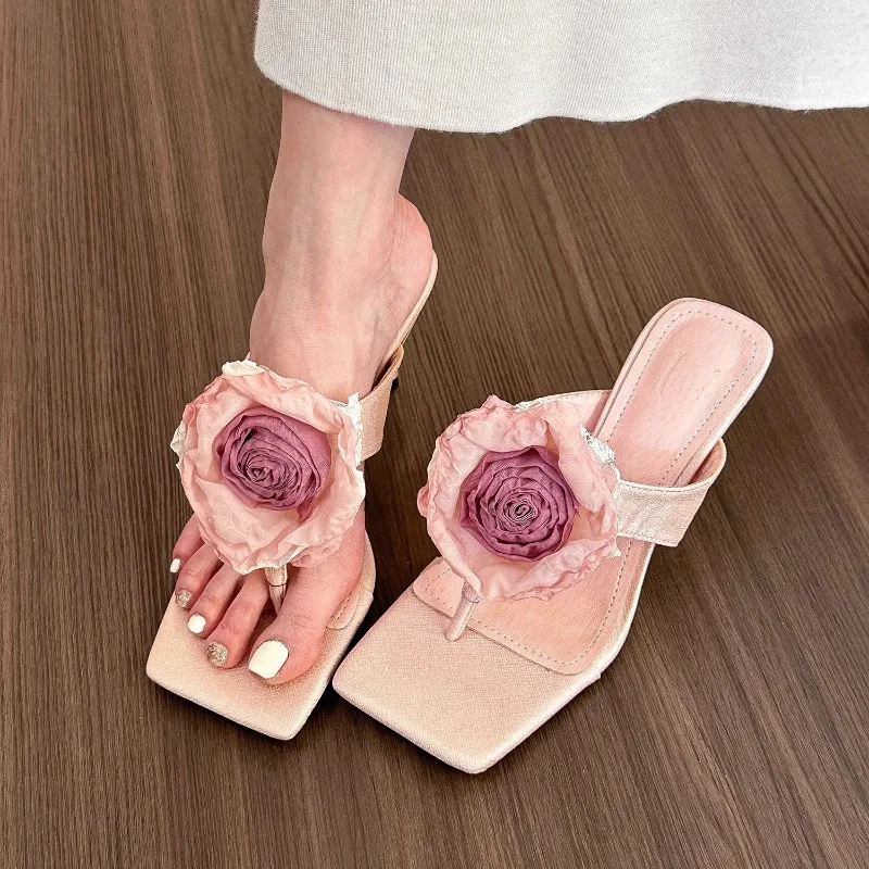 

Women's Slippers Flower Decor One-word High-heeled Cool Slippers Women's Casual Fad Peep Toe Thin-heeled Sandals Sandalias Mujer