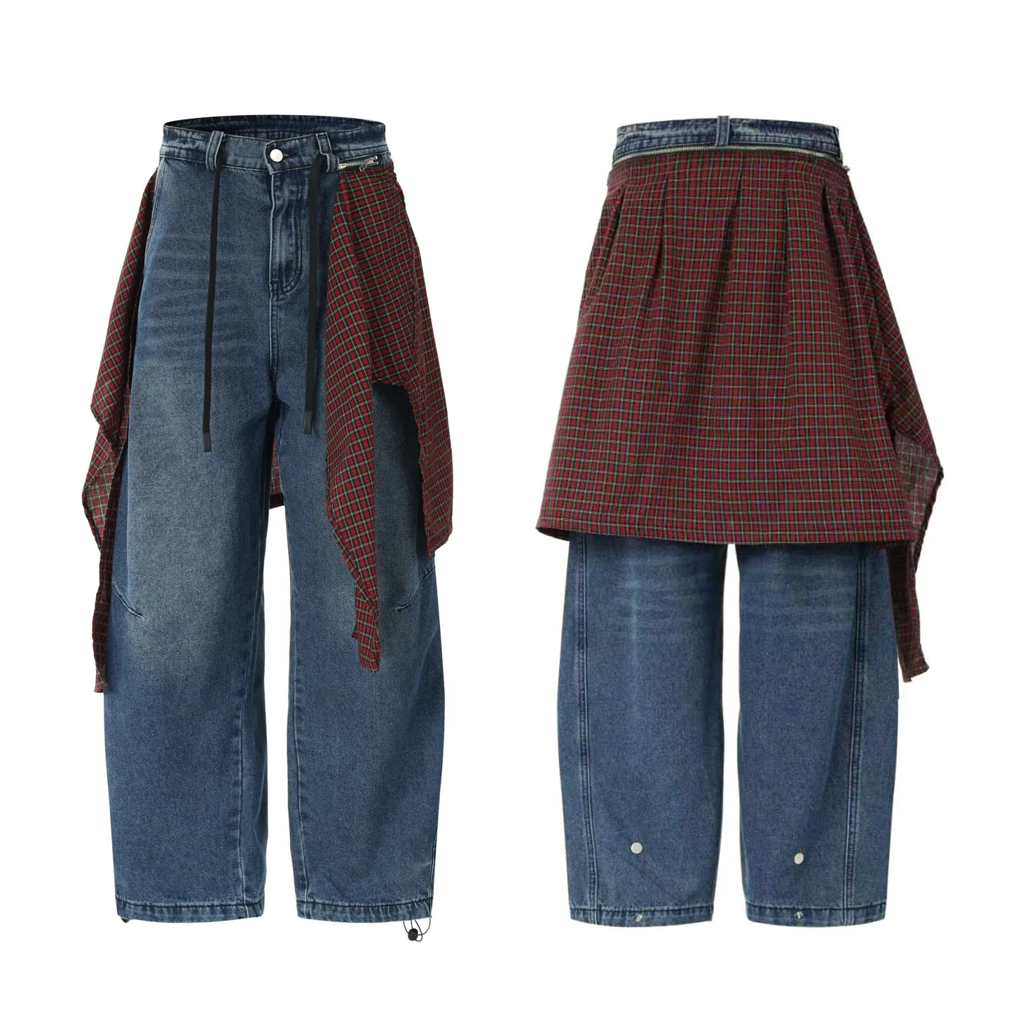 남녀 공용 탈부착 가능한 체크무늬 스커트 스트리트웨어 패션 힙합 루즈 캐주얼 데님 카고 바지 유니섹스 바지