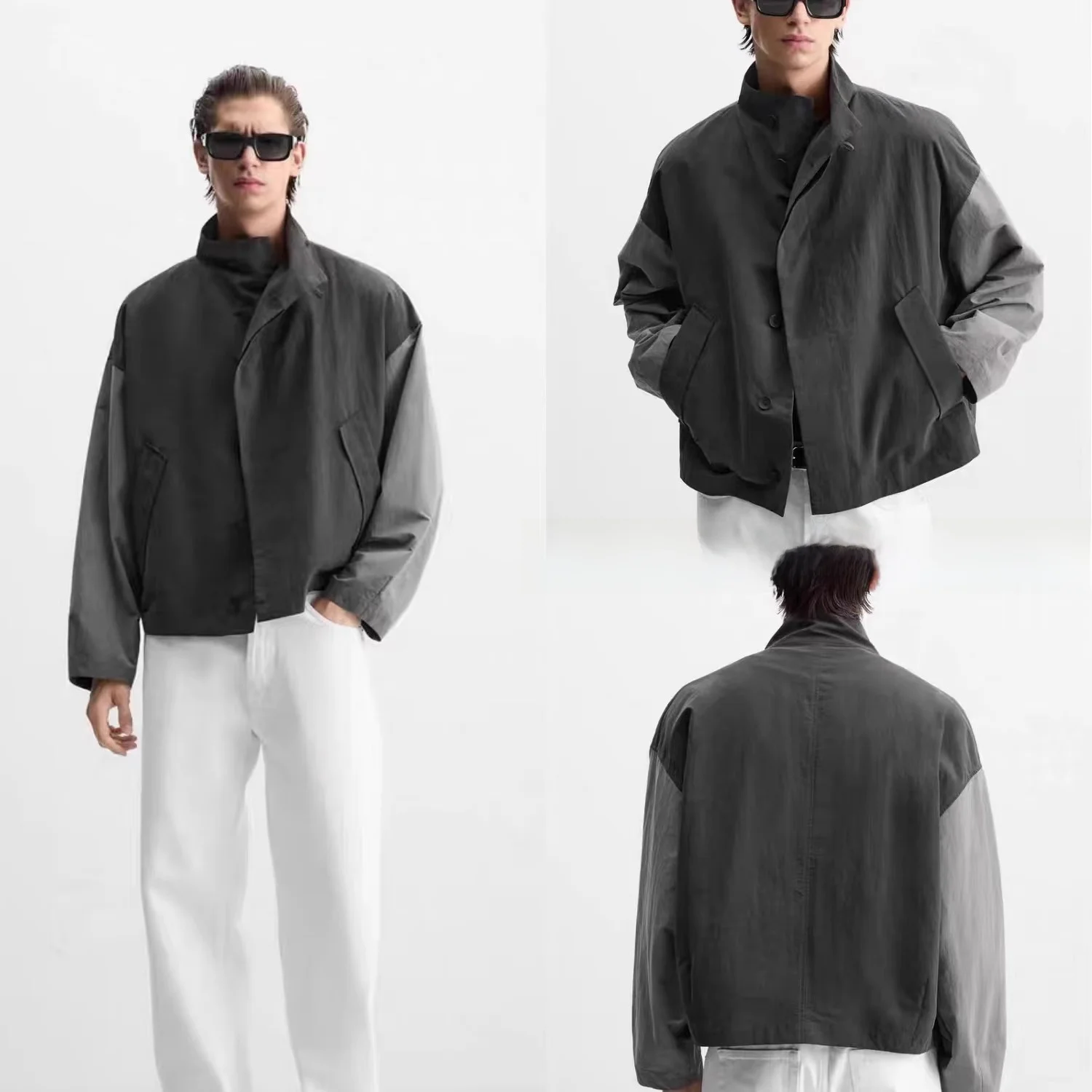 

Tech Fabric Jaet Men's Casual Loose Stand Collar Patchwork Color Blo Autumn New Sle 2024 Long Sve Youth Faion