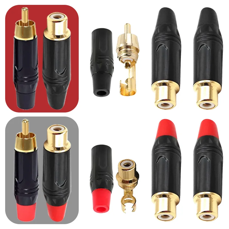 2Pcs Connector RCA Male Plug RCA Female Socket Lotus Jack Gold Plated Head Pigtail DIY HIFI Audio Speaker Amplifier