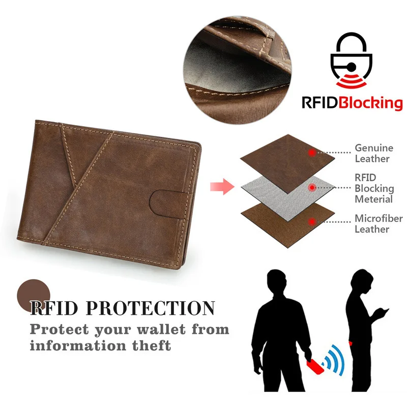 Head Layer Cowhide Theft Brush Multi Functional Clip Credit Genuine Leather Anti Magnetic Bag Card Cover Coin Holder Men Wallets
