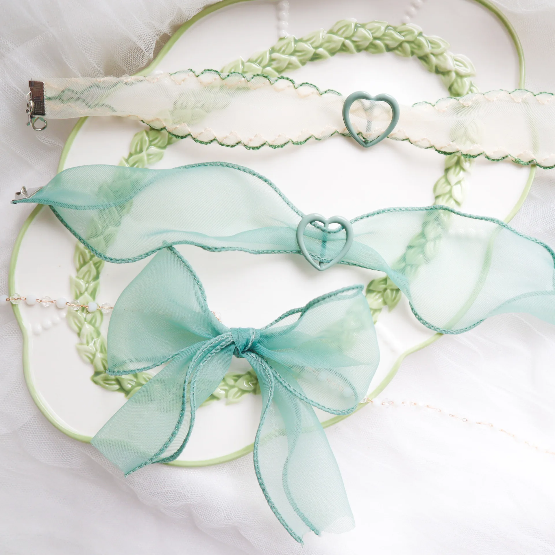 New Korea Fashion Cute Green Color Heart Lace Bowknot Choker Necklace For Y2K Lovely Girl Women Charm Wedding Birthday Jewelry