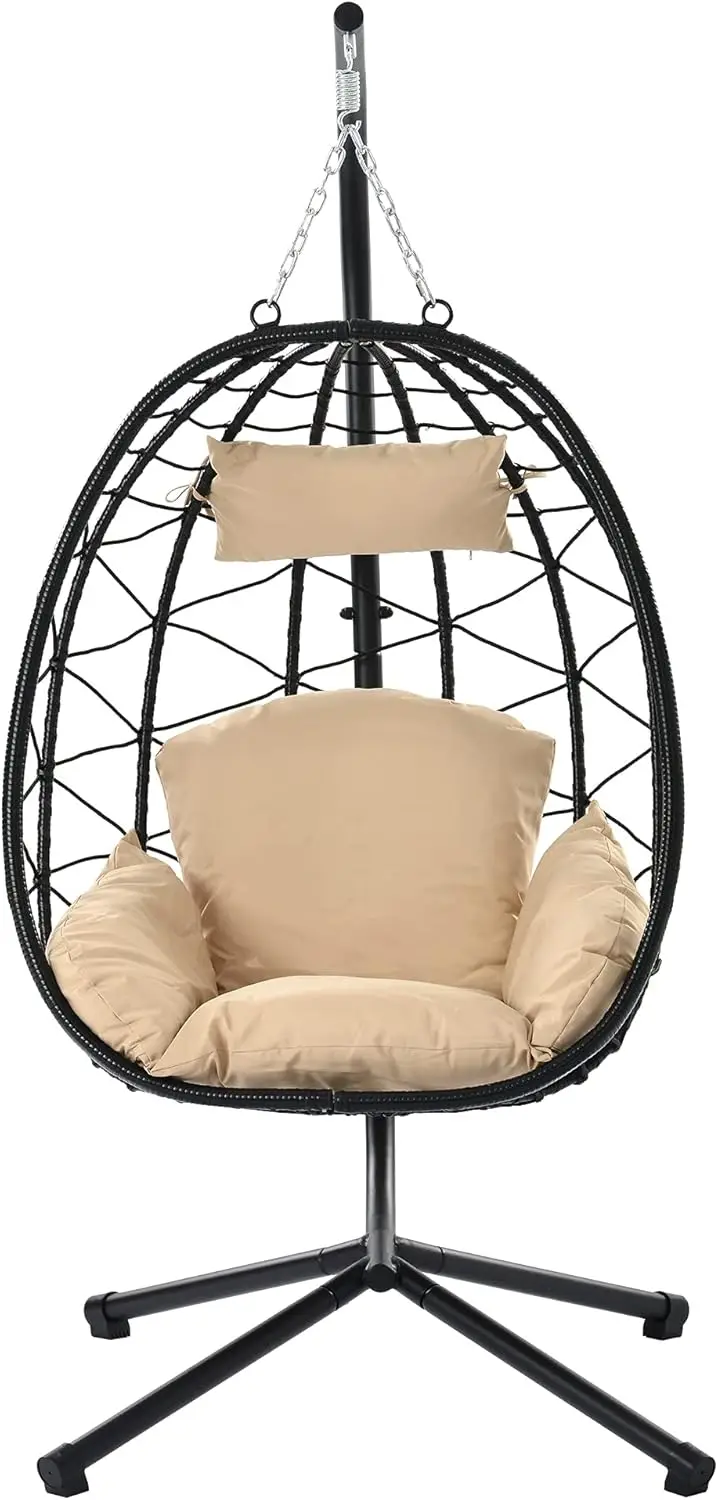 Olela Egg Chair with Stand, Indoor Outdoor Swing Chair Patio Wicker Hanging Egg Chair for Balcony,Bears 300 LBS(Black+Beige)