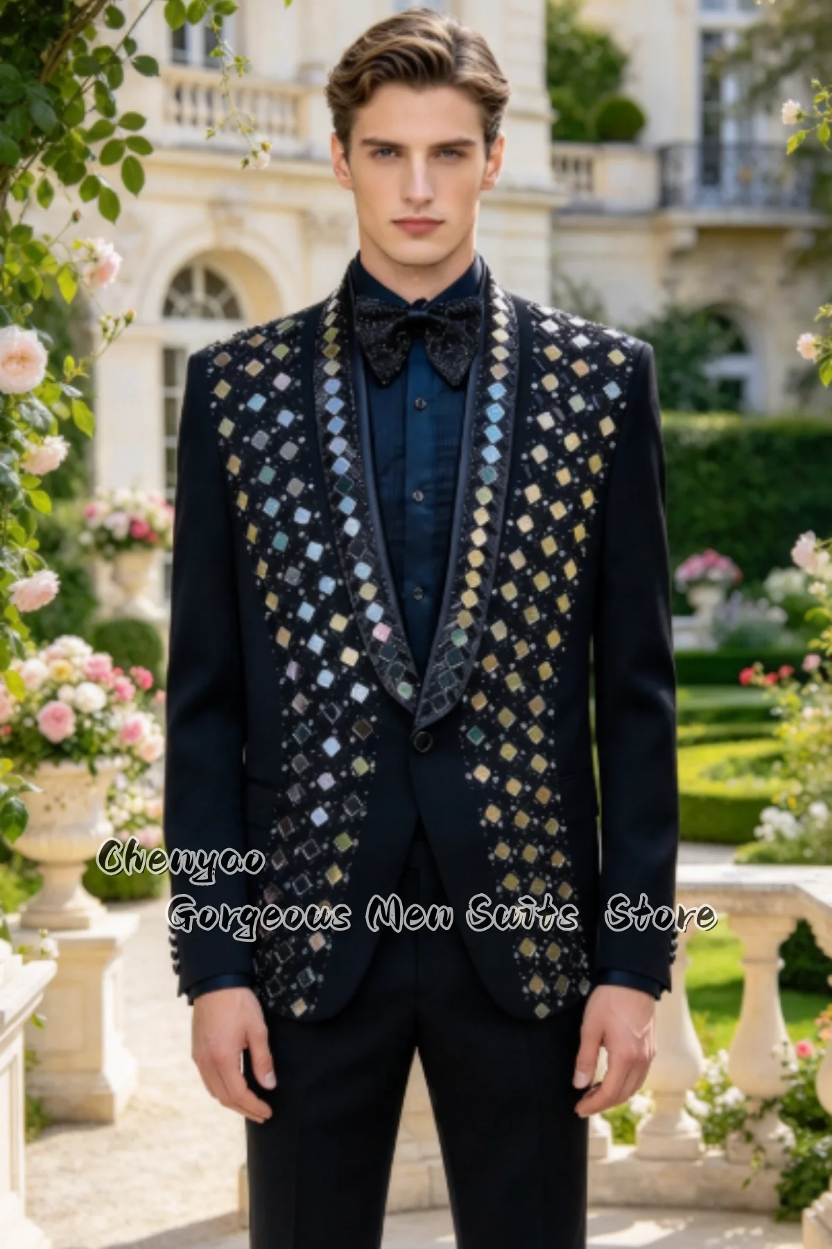 Luxury Sequin Glitter Men Suits Wedding Groom Tuxedo 2 Pieces Rhombus Embellished Lapel Blazer  Formal Customized Ropa Hombre