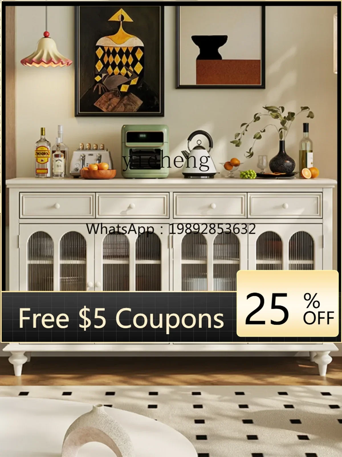 

A1Sideboard Cabinet Solid Wood Tea Cabinet Cream Style Changhong Glass Living Room and Kitchen Storage Cupboard