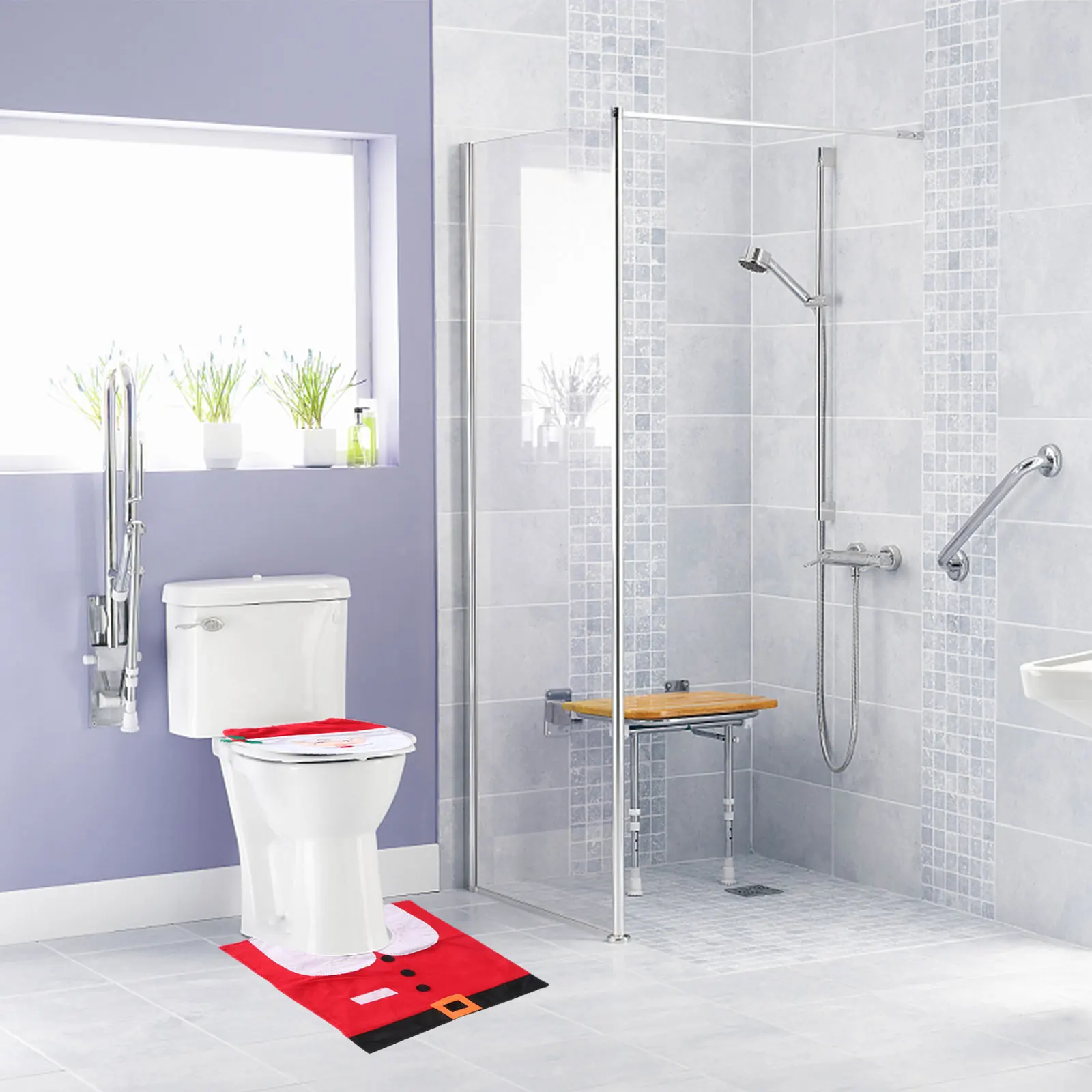 

1 Set Christmas Kit Santa Toilet Seat Floor Mat Xmas Water Tank Cover Decorative Bathroom Toilet Cover Set Red Premium Quality