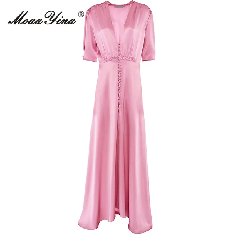 

MoaaYina Autumn Fashion Runway Pink Vintage Party Dress Women V Neck Half Sleeve Button Elastic Waist Slim Irregular Long Dress