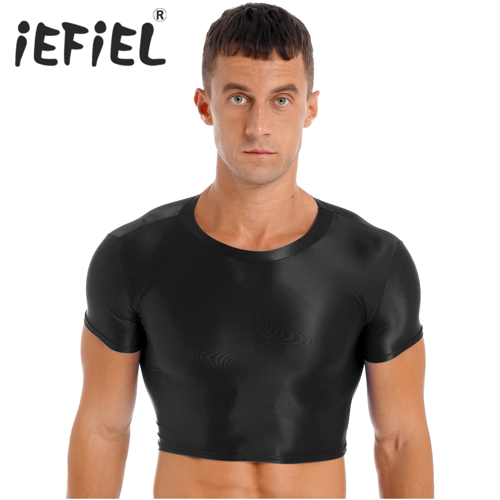 Mens Smooth Glossy Sports Crop Tops Short Sleeve Solid Color Slim Fit T-shirt Tanks Tops Sportswear Yoga Fitness Beach Swimwear