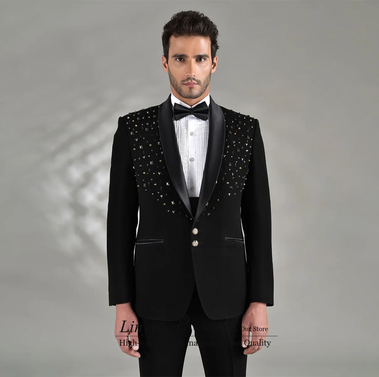 Shiny Beaded Mens Suits Shawl Lapel Groom Wedding Tuxedos 2 Pieces Sets Male Party Blazers Pants Slim Fit Luxury Costume Homme