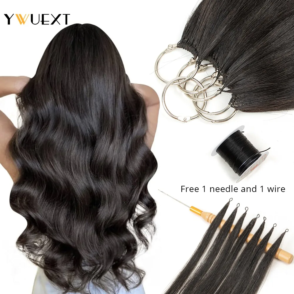 

YWUEXT 16"-24" Black Feather Human Hair Extensions Straight Hand Knitting Remy Hair 40pcs/pack Feather Line Hair