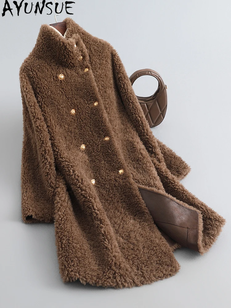 

AYUNSUE 100% Natural Wool Coats for Woman Clothes 2025 Autumn Winter Mid Length Lamb Fur Coat Woman High Quality Abrigo Mujer
