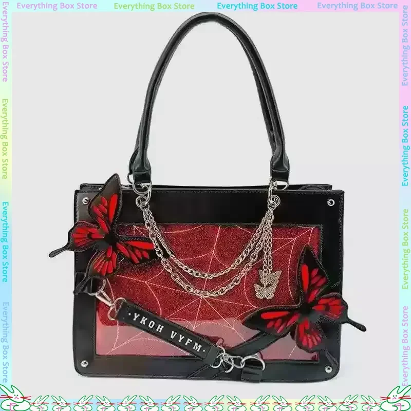 

Y2k Translucent Handbag With Butterfly Chain Badge New Itbag For Women Top-Handle Clear Bag Dark Girl Style Fashion Accessory