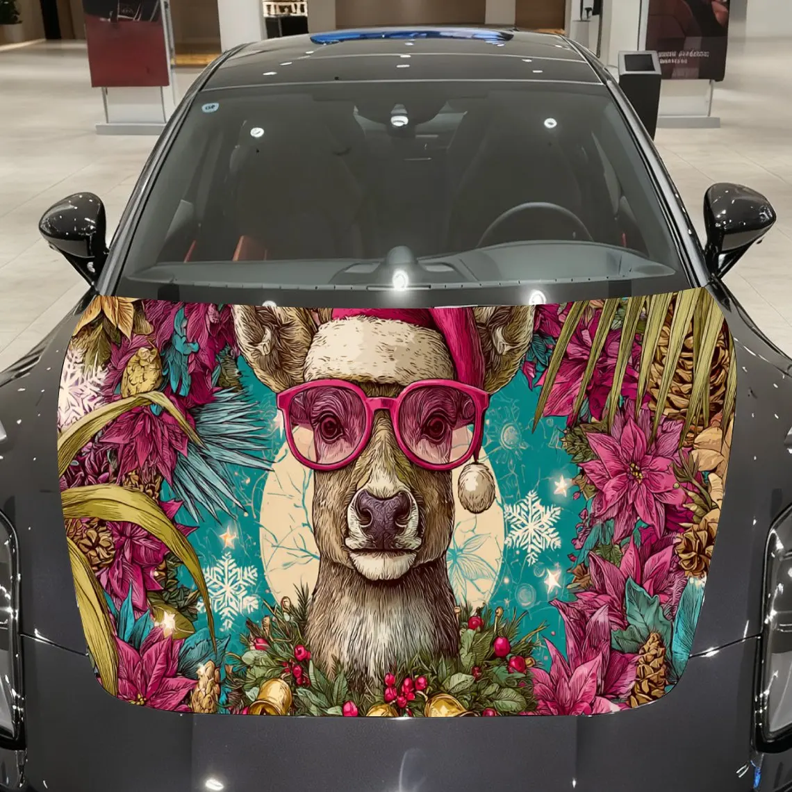 

Vibrant Christmas Deer with Sunglasses Car Hood Decal, Waterproof Self-adhesive Vehicle Vinyl Wraps Sticker, Cool Auto Cover Dec